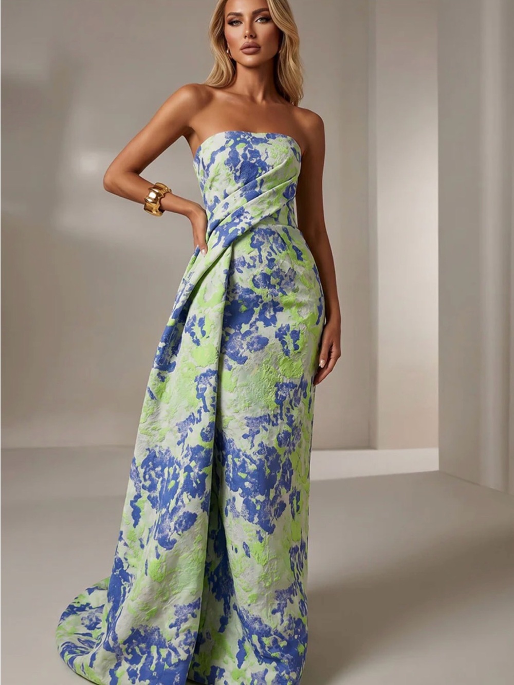 Strapless Floral Jacquard Evening Gown in Blue and Green.  Never worn.
